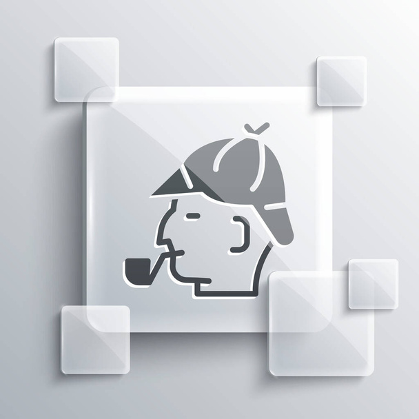 Grey Sherlock Holmes with smoking pipe icon isolated on grey background. Detective. Square glass panels. Vector. - Vector, Image