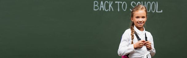 panoramic shot of happy schoolgirl smiling at camera near chalkboard with back to school inscription - Photo, Image