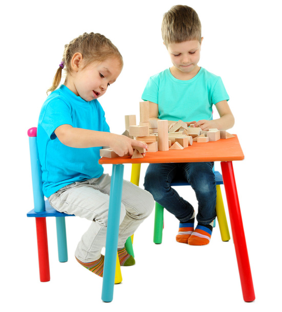Little children playing with building blocks isolated on white - Fotoğraf, Görsel