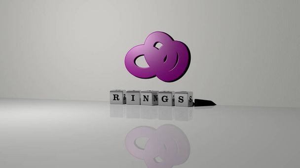 3D-Darstellung von Ringen mit Icon an der Wand und Text, angeordnet durch metallische kubische Buchstaben auf einem Spiegelboden für Konzeptbedeutung und Diashow-Präsentation. Hintergrund und Illustration - Foto, Bild
