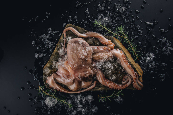 Whole raw octopus on a stone table - Фото, изображение