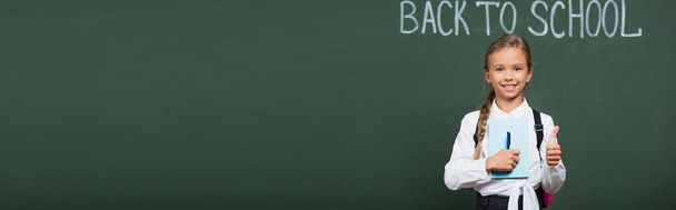Website-Kopfzeile eines glücklichen Schulmädchens mit Stift und Buch, das den Daumen in der Nähe von Kreidetafeln mit Schulbuchstaben zeigt - Foto, Bild