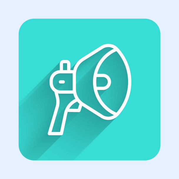 White line Megaphone icon isolated with long shadow. Speaker sign. Green square button. Vector. - Vektor, kép