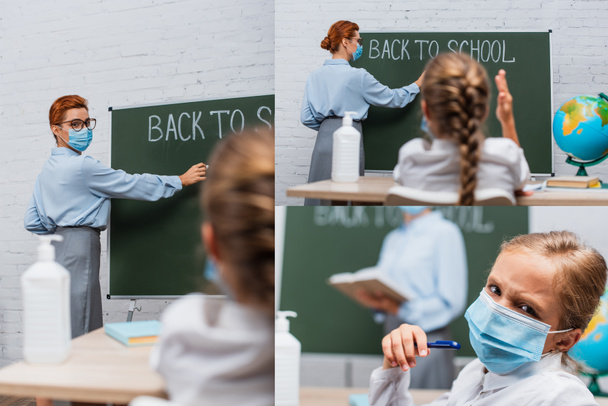 kollaasi koulutyttö suojaava naamio katsot kameraa, ja opettaja kirjallisesti liitutaulu takaisin kouluun kirjoituksella - Valokuva, kuva