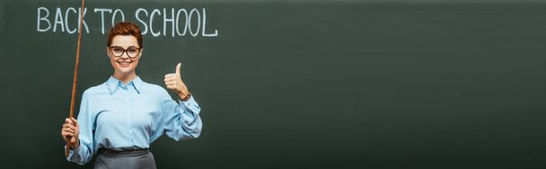 panoramic concept of smiling teacher with pointing stick showing thumb up near chalkboard with back to school lettering  - Foto, imagen