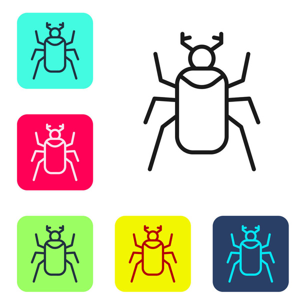 Μαύρη γραμμή Beetle bug εικονίδιο απομονώνονται σε λευκό φόντο. Ορισμός εικονιδίων σε χρωματιστά τετράγωνα κουμπιά. Διάνυσμα. - Διάνυσμα, εικόνα