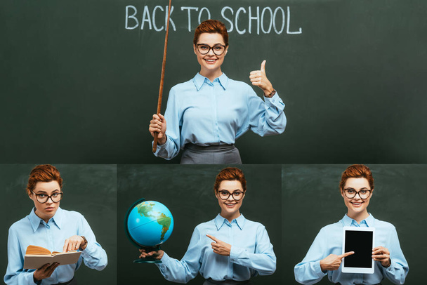 collage of teacher with pointing stick showing thumb up, reading book, holding globe, pointing at digital tablet near chalkboard   - Фото, изображение