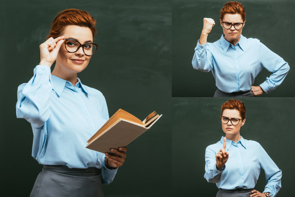 collage de profesor sonriente con libro, strick y profesor enojado mostrando puño cerrado y gesto prohibitivo cerca de pizarra
 - Foto, Imagen