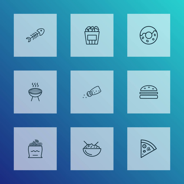 Táplálkozás ikonok vonal stílus készlet hagyma tekercs, barbecue, rizs tál és egyéb halcsontváz elemek. Izolált illusztráció Táplálkozás ikonok. - Fotó, kép