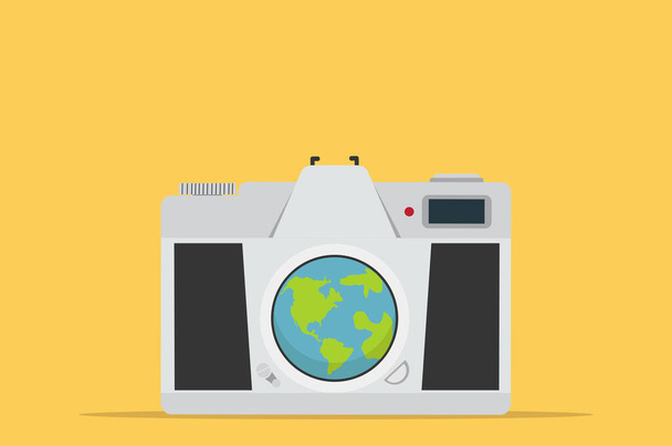 Retro camera  with world map on yellow background - ベクター画像