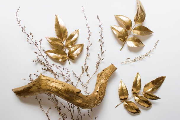 Decorative nature composition with golden leaves, wooden golden branch and dry plant branches on white background. - Zdjęcie, obraz