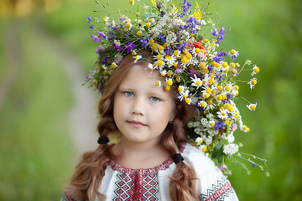 Beautiful Ukrainian child girl in an embroidered shirt (vyshyvanka) and a wreath of wildflowers  on the field. - Photo, Image
