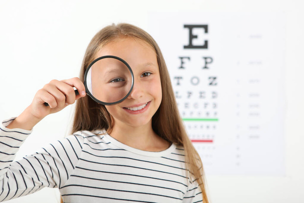 Χαριτωμένο κοριτσάκι ελέγχει την όραση με οφθαλμίατρο. δοκιμή όρασης - Φωτογραφία, εικόνα