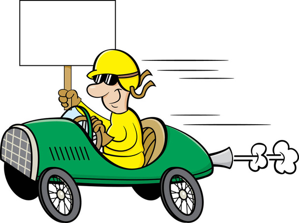 Мультяшна ілюстрація чоловіка в шоломі та окулярах за кермом гоночного автомобіля і тримає знак
. - Вектор, зображення