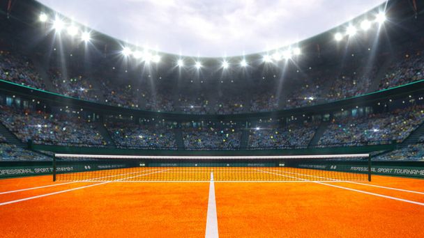 Orange gliny kort tenisowy i oświetlona arena zewnętrzna z fanami, gracz widok z przodu, profesjonalny sport tenisowy 3D ilustracja tło. - Zdjęcie, obraz