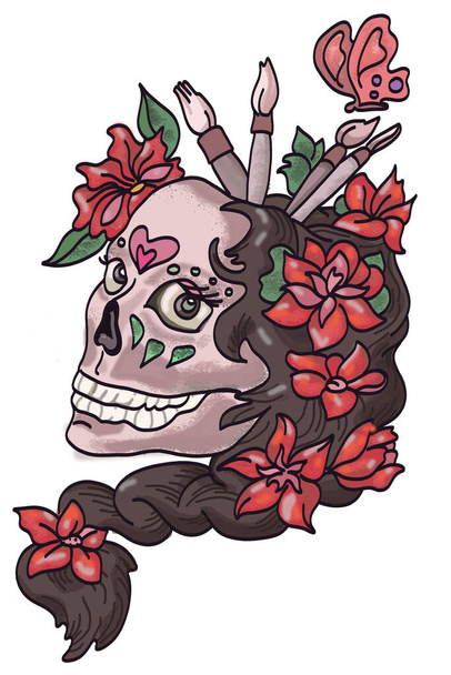 Kunst kritzelt Frau lächelnden Totenkopf mit dunklen langen Haaren und roten Blumen als Vase mit Kunstpinseln - Foto, Bild