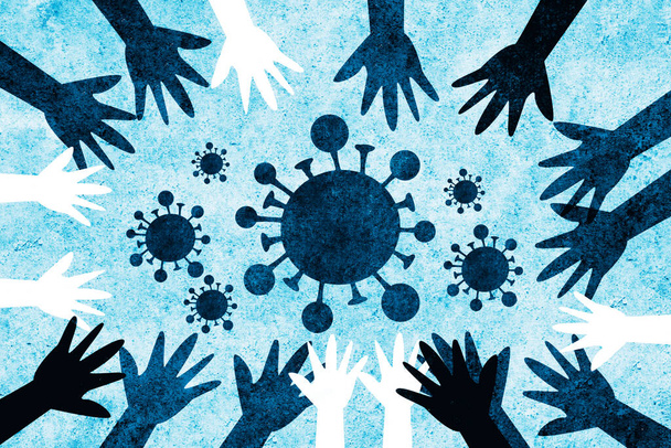 Руки со всего мира объединились, чтобы победить и бороться с коронавирусом. Мы все призываем к действию против вируса covid-19. - Фото, изображение