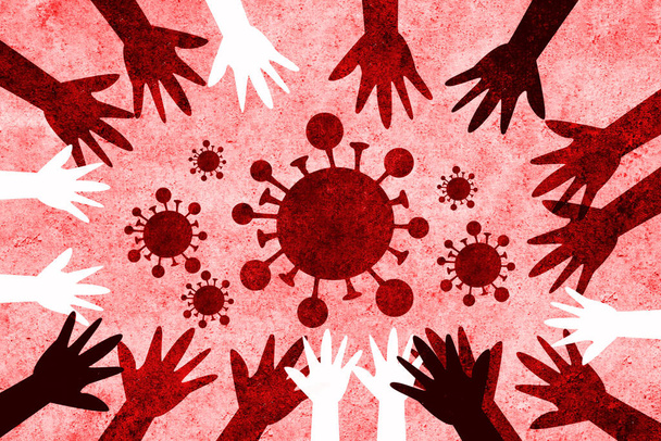 Multiculturele handen van over de hele wereld verenigd om het coronavirus te verslaan en te bestrijden. We moeten allemaal actie ondernemen tegen virus covid-19.. - Foto, afbeelding