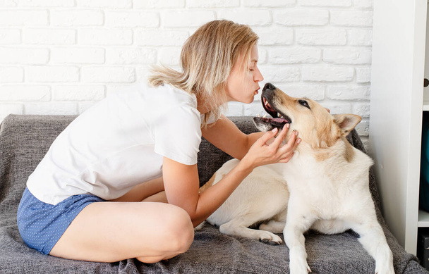 Pet care. Young smiling woman playing with her mixed breed dog on the sofa - Photo, Image