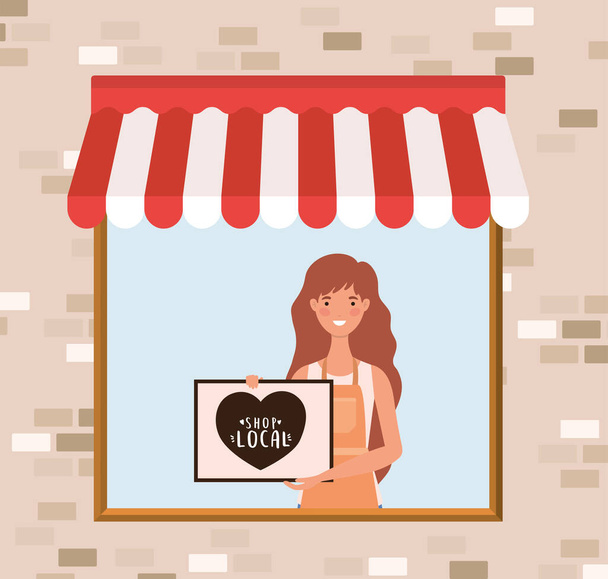 Cartone animato donna con negozio banner locale nel design vettoriale negozio - Vettoriali, immagini