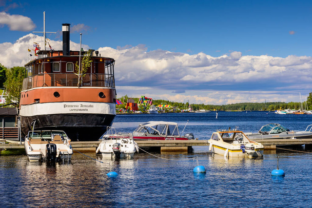 Lappeenranta, Finland - June 23, 2018: Sights Of Lappeenranta. Old steamer-restaurant "Princess Armada" and Harbor with boats, beautiful summer view - Fotó, kép