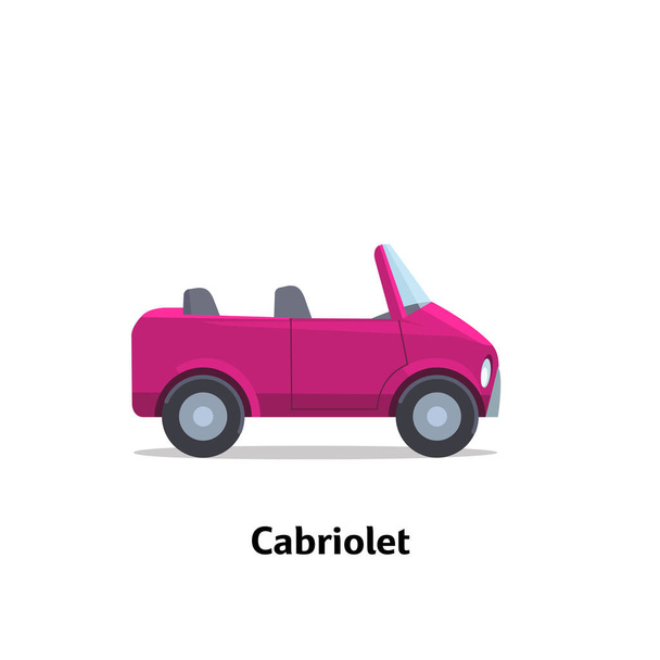 Cabriolet yan görünümü. Vektör stok düz çizim. Ahududu çizgi filmi, oyuncak araba. Tasarım ve canlandırma için basitleştirilmiş biçim - Vektör, Görsel