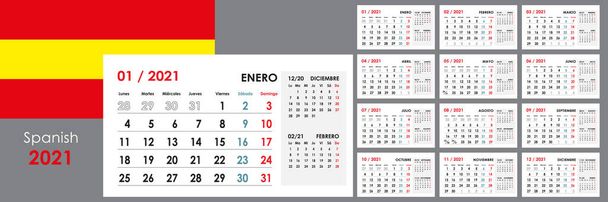 2021 éves naptár. A hét hétfőtől kezdődik. 12 tábla vagy kártya. Szervező és tervező sablon. Vízszintes formátum. Spanyol nyelv. - Vektor, kép