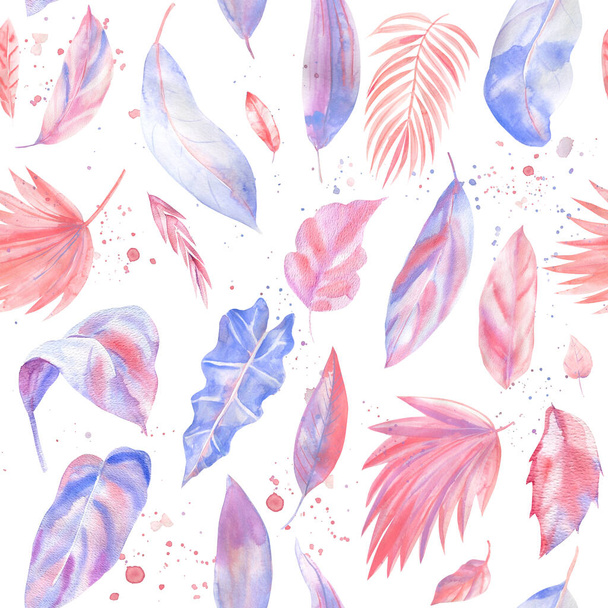 Patrones sin costura de hojas de palma. Pintura de acuarela. Hojas tropicales rosa y púrpura
 - Foto, imagen