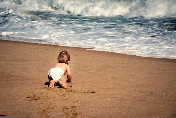 Kleine jongen kruipt op zand richting oceaangolf. Baby kind kruipen op handen en voeten op tropische strand bereiken van de waterkant achteraanzicht. Kleuternieuwsgierigheid naar de kust in de zomer. Verkenning van kinderen.  - Foto, afbeelding