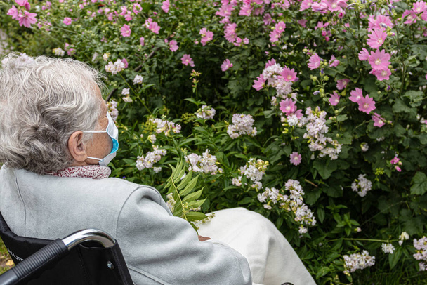 Tekerlekli sandalyedeki yaşlı bir kadın, bahçede çiçeklerle yürürken maske takıyor. - Fotoğraf, Görsel