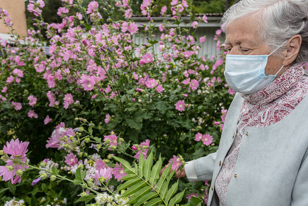 Eine alte Frau im Rollstuhl, mit medizinischer Maske auf einem Spaziergang im Garten mit Blumen - Foto, Bild
