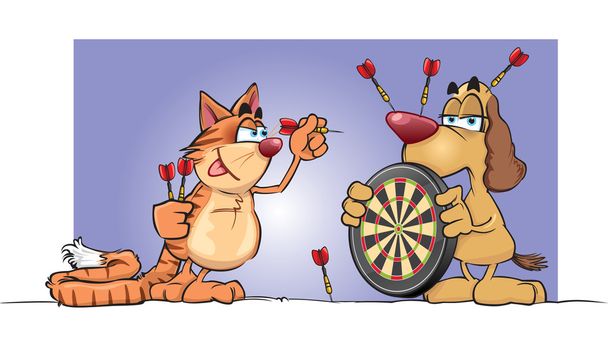 Gato & Cão jogando dardos
 - Vetor, Imagem