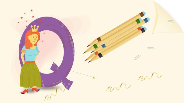 illustration de la mise en page de la bannière, alphabet anglais pour apprendre l'alphabet, la lettre Q, Reine sur une feuille de papier avec crayons de couleur - Vecteur, image