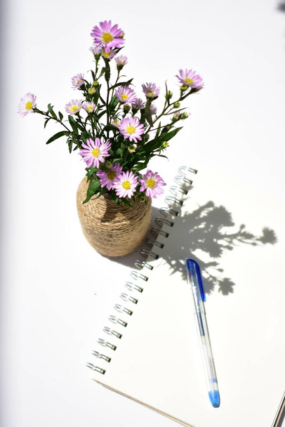 Magnifique arrangement européen Michaelmas Daisy dans un cahier en spirale, fond de papier blanc, ensoleillé, chaud, romantique, plat, vue sur le dessus - Photo, image