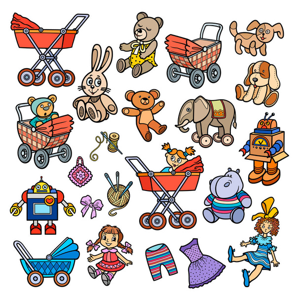 cartone animato scarabocchi disegnati a mano bambini giocattoli oggetti set - Vettoriali, immagini