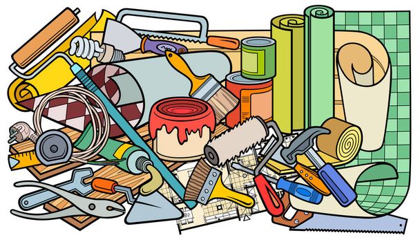 Cartoon doodle hand drawn home repair illustration - Vektor, kép