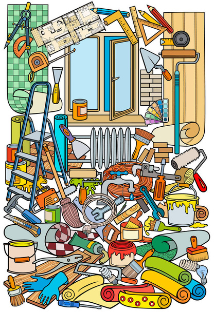 Cartoon doodle disegnato a mano casa riparazione illustrazione - Vettoriali, immagini