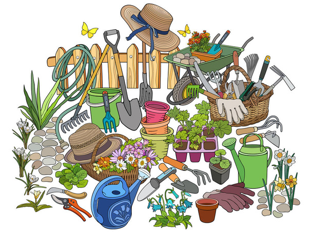 Ogrodnictwo ręcznie rysowane wektor bazgroły ilustracja - Wektor, obraz