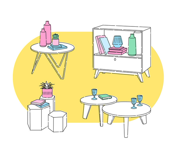 Estilo escandinavo definir elementos vetoriais esboço. Diferentes tipos de mesas de café, mesa de cabeceira para a sala de estar em estilo moderno
. - Vetor, Imagem