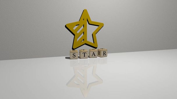 3D-Darstellung von STAR mit Icon an der Wand und Text, angeordnet durch metallische kubische Buchstaben auf einem Spiegelboden für Konzeptbedeutung und Diashow-Präsentation. Abbildung und Hintergrund - Foto, Bild