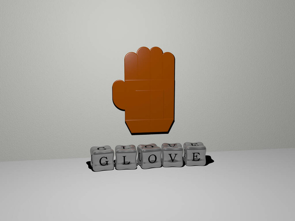 3D ábrázolása GLOVE ikon a falon, és a szöveg rendezett fémes kocka betűkkel a tükör padlóján a koncepció jelentését és diavetítés bemutatása. kéz és háttér - Fotó, kép