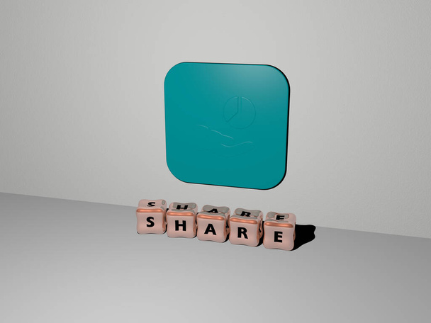 3D графічне зображення SHARE вертикально поряд з текстом, побудованим металевими кубічними літерами з верхньої точки зору, відмінно підходить для презентації концепції та показу слайдів. ілюстрація та бізнес
 - Фото, зображення
