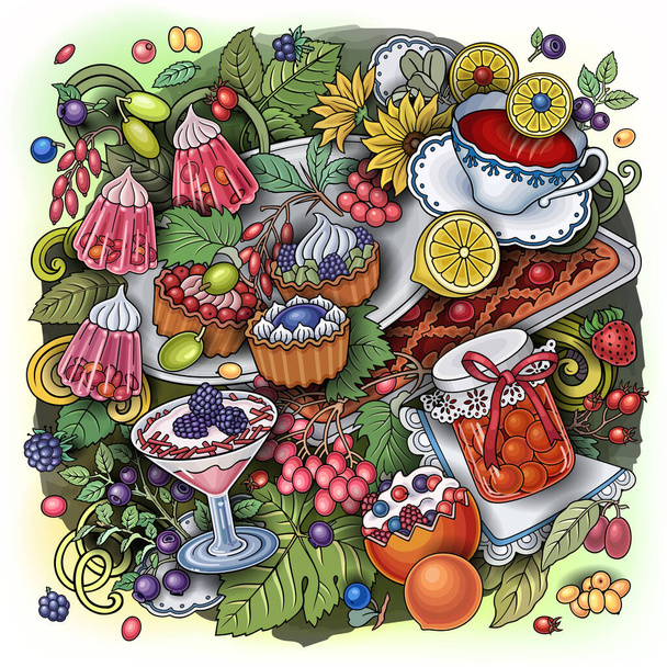 Sweets, berries, fruits, drinks illustration - Vektor, obrázek