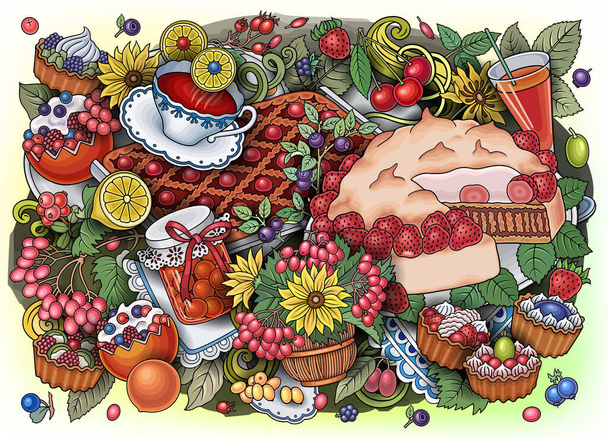 Édességek, bogyók, gyümölcsök, italok illusztrációja - Vektor, kép