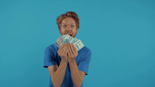 happy wealthy redhead man counting money isolated on blue - Footage, Video