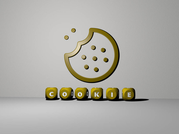 3D εικονογράφηση των γραφικών COOKIE και κείμενο γίνεται με μεταλλικά γράμματα ζάρια για τις σχετικές έννοιες της έννοιας και των παρουσιάσεων. φόντο και κέικ - Φωτογραφία, εικόνα