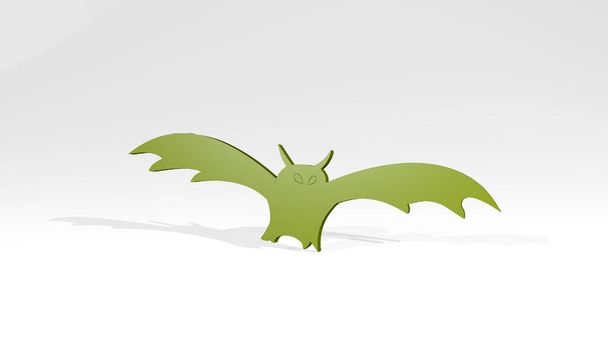 BAT feito por ilustração 3D de uma escultura metálica brilhante em uma parede com fundo claro. halloween e preto
 - Foto, Imagem