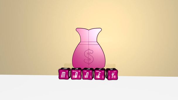3D illustration of money graphics and text made by metallic dice letters for the related meanings of the concept and presentations. business and background - Photo, Image