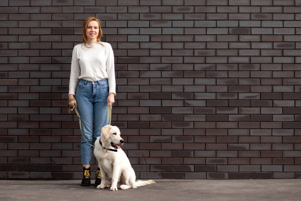 jeune belle fille urbaine se tient avec un chien dans la rue contre un mur, une femme avec un chiot golden retriever, espace de copie - Photo, image