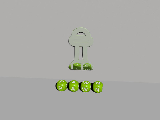 3D weergave van pion met icoon op de muur en tekst gerangschikt door metalen kubieke letters op een spiegelvloer voor concept betekenis en diavoorstelling presentatie. schaken en illustratie - Foto, afbeelding
